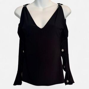 Dance America Women’s Black Cold-Shoulder V-Neck Knit Top, Rhinestone, Sz M